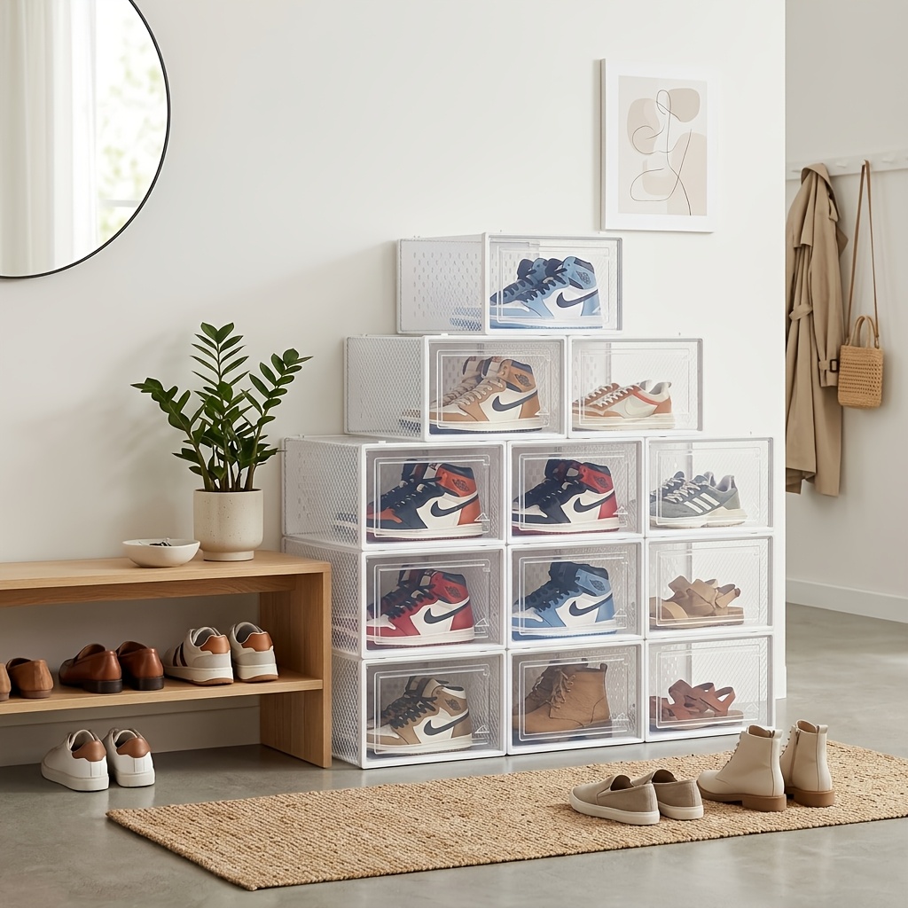 TEMU Lot de 12 organisateurs de chaussures empilables, boîtes de rangement pliables pour baskets, boîtes à chaussures à devant transparent avec