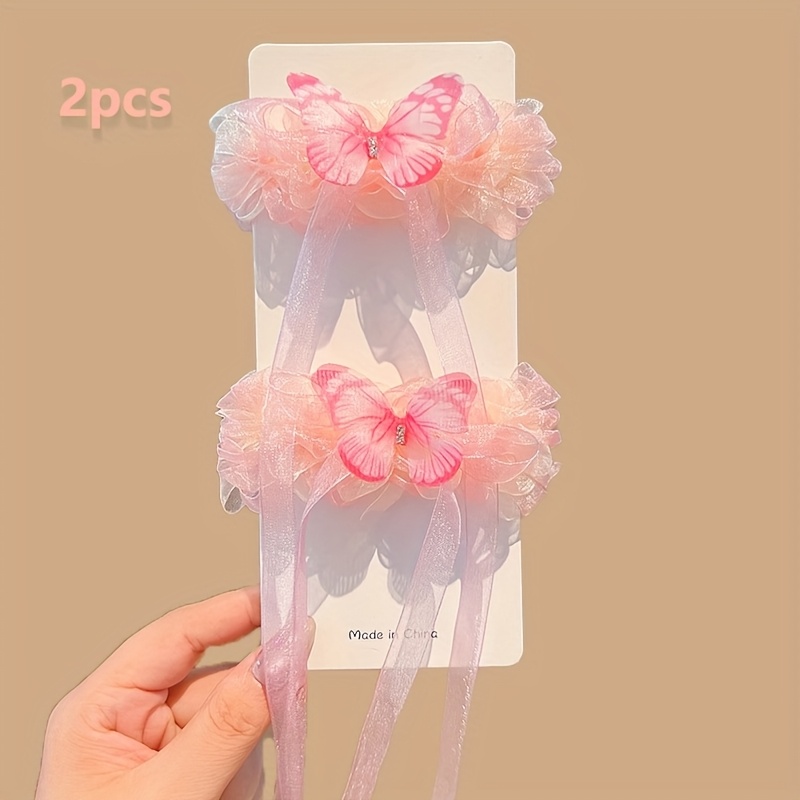 2pcs New Colorful Long Ribbon Hair Ties For Girls, Cute Pink Rhinestone Stretchy Hairbands With Long Tassels, Ponytail Holders Suitable For Daily And Holiday Party Wear (packaging Does Not Cardboard)