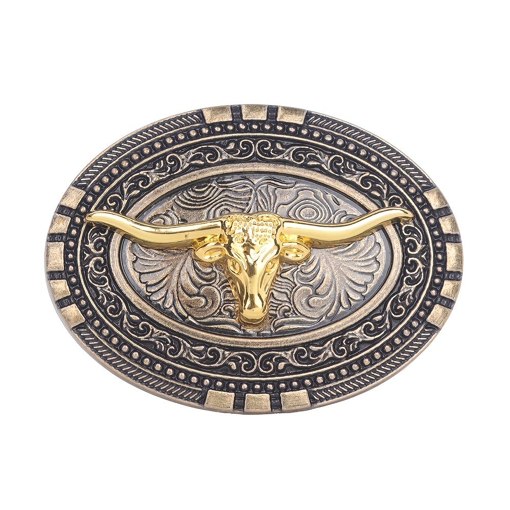 TEMU 1pc Boucle de ceinture Longhorn dorée à base noire bronze en alliage de , style western, multi-couches, vintage, décor floral en relief, double