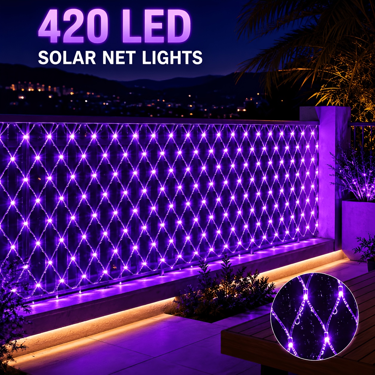 TEMU 420led Mesh String Lights, Outdoor Solar Led Lights, Mesh Fairy Lights, Ip54, With Remote Control Suitable For Garden, Yard, Fence, Lawn, ,
