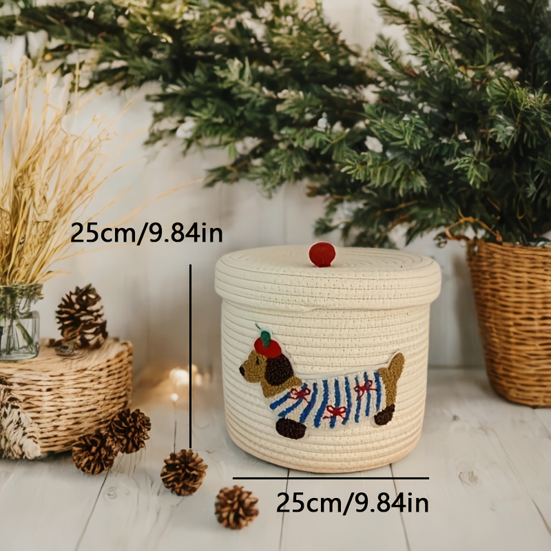 Image of Modern Large Capacity Woven Rope Storage Basket With Lid - Holiday Decorative Organizer, Dustproof Multifunctional For Home, Shelf Basket & Ornament Storage, Shelf Baskets