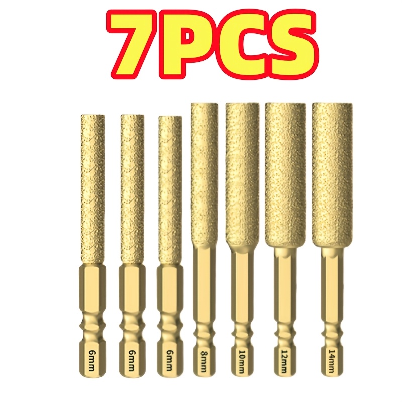TEMU 7pcs Set Of 6/8/10/12/14mm Brazed Diamond Hole Saws, Hex Shank Drill Bits And Grinding Tools - Suitable For Tiles, Marble, Granite, And Glass,