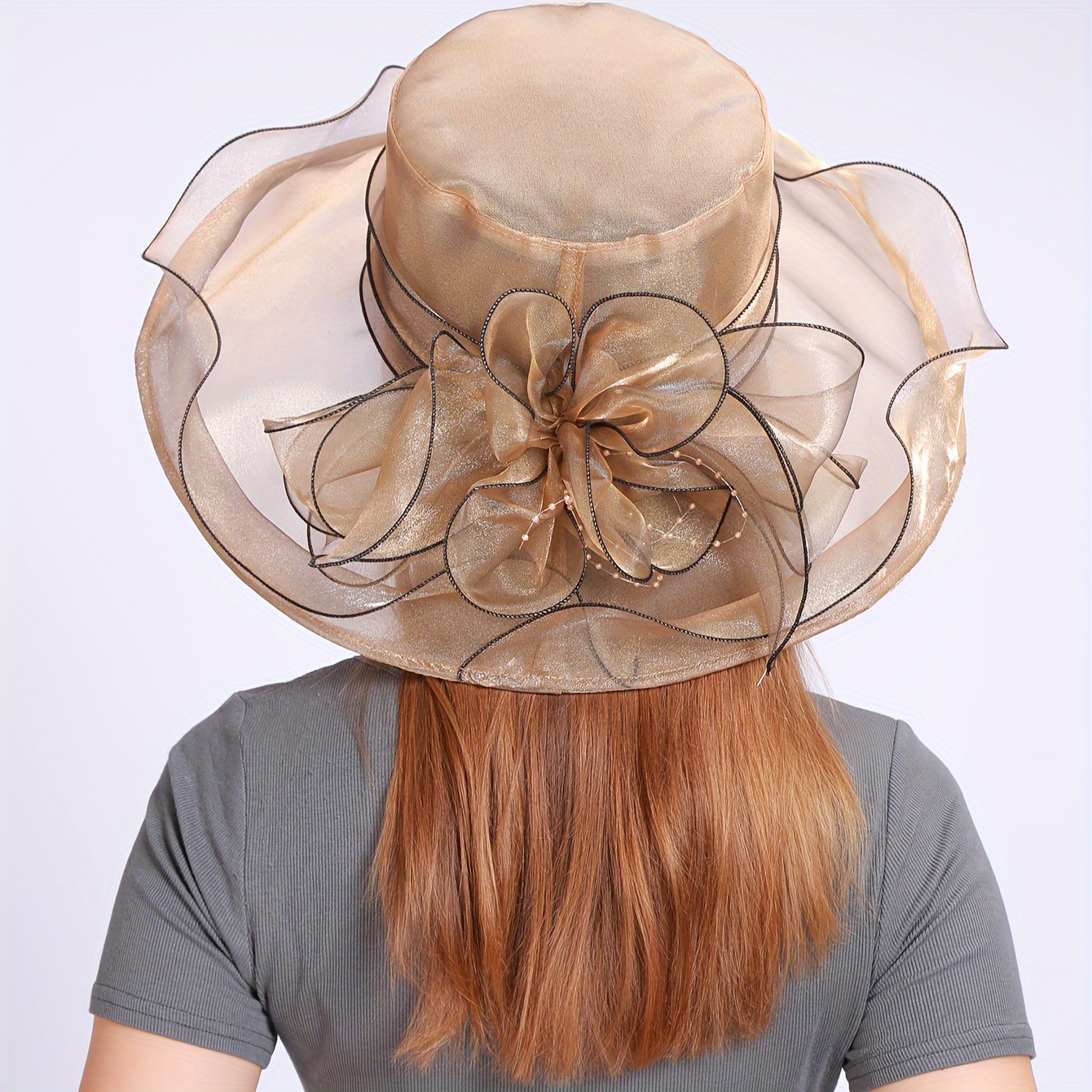 

Elegant Organza Hat For Women, Summer Vintage Large Floral Embroidery Wide Brim Sun Hat, Breathable Top Hat With Stylish Sheer Mesh Design