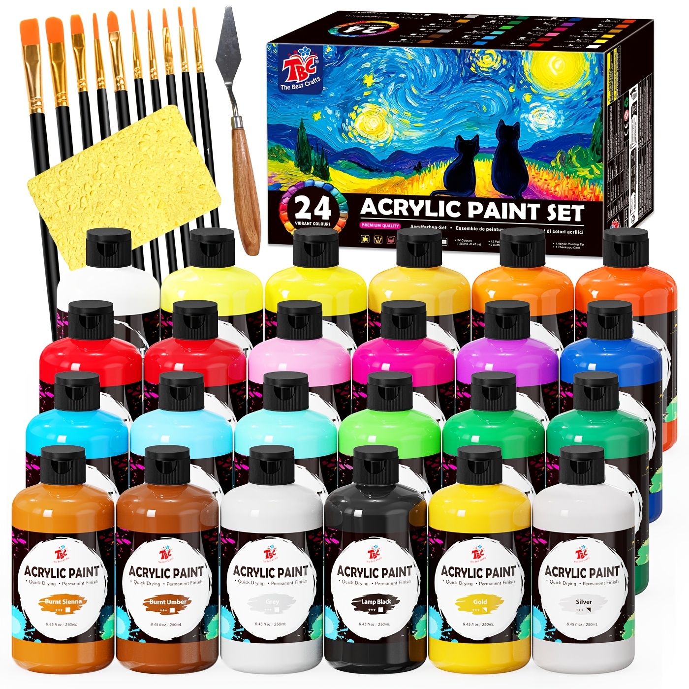 E-shop TBC The Best Crafts 24 Farben Pinselset, 10 professionelle Pinsel + Schwamm + Malmesser, inklusive 250ml (8.45Oz) Acrylfarbe, ungiftig, für