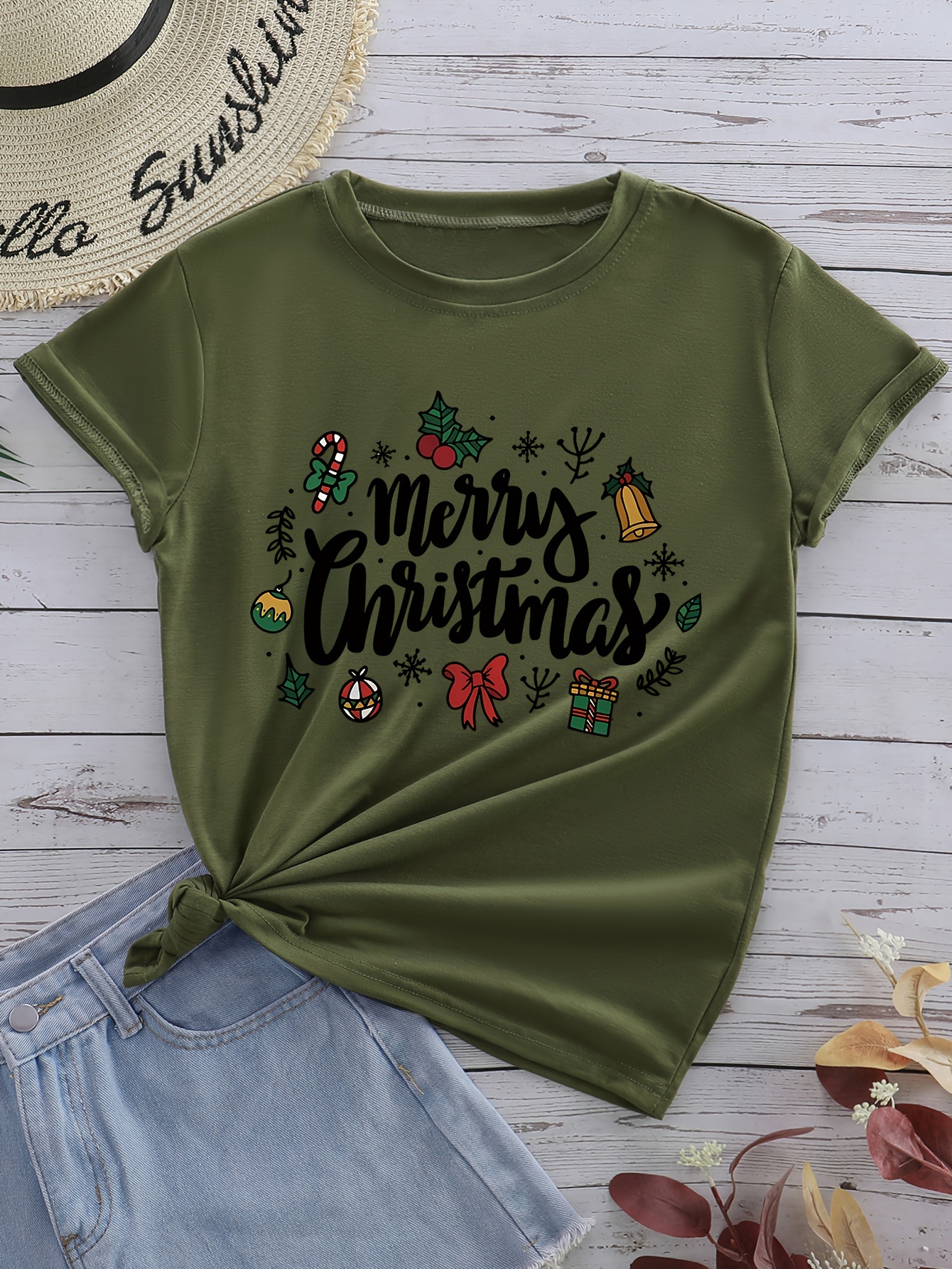 Haut Femme à Manches 3/4 Motif Noël | T-shirt Décontracté Merry Christmas | Pour Fêtes Et Marchés De Noël