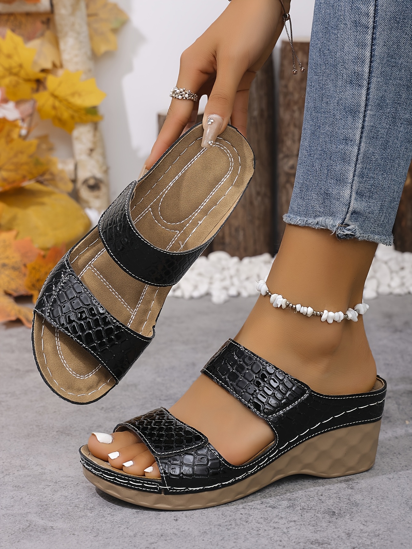 womens summer wedge sandals open toe high heel with adjustable hook and loop closure textured pu cover upper durable pu   size casual   for women textured strap design durable sole shoes Product details 37