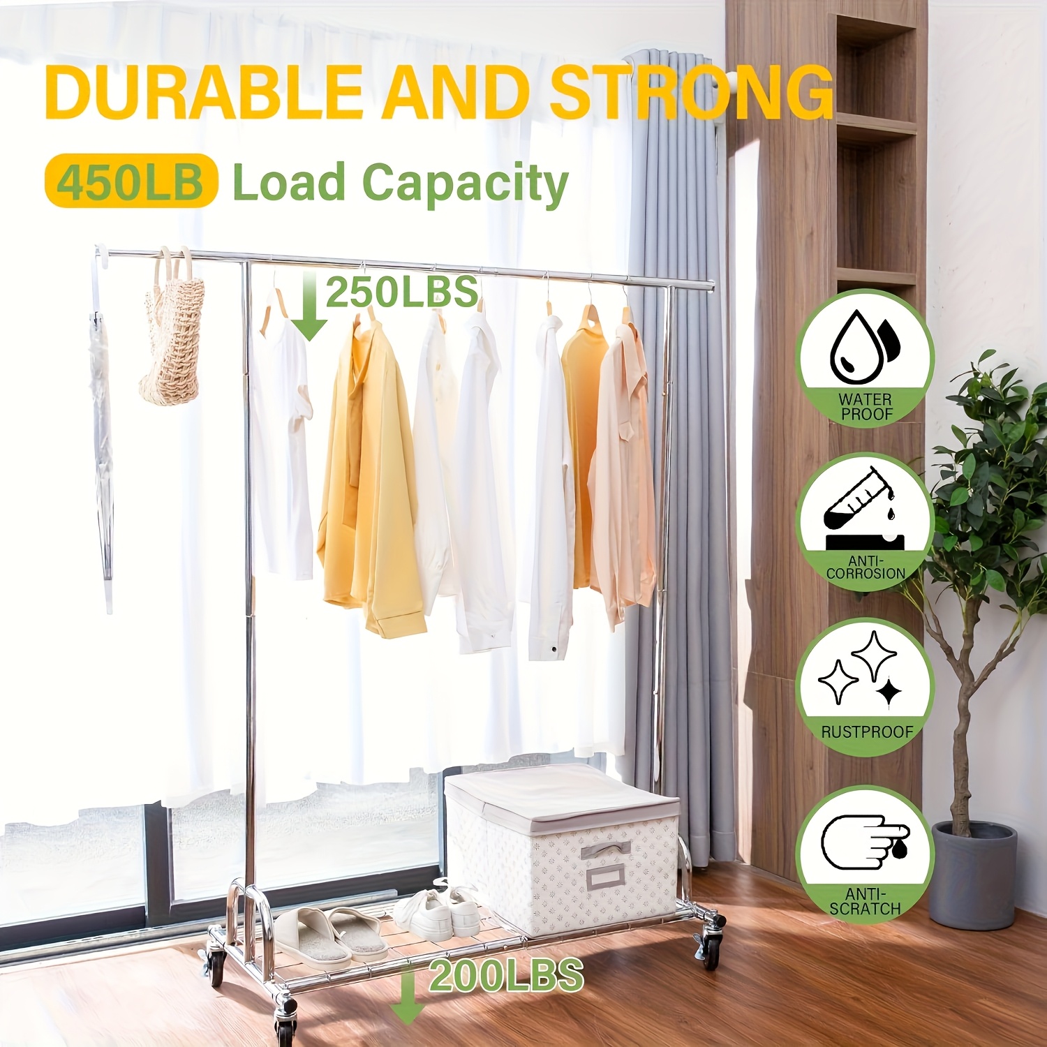 Image of Heavy Duty Portable Garment Rack With Adjustable Height And Width, Rolling Clothes Rack On 360° Lockable Wheels, Freestanding Metal Clothing Rack, 450 Lbs Capacity, Silvery Closet Organizer