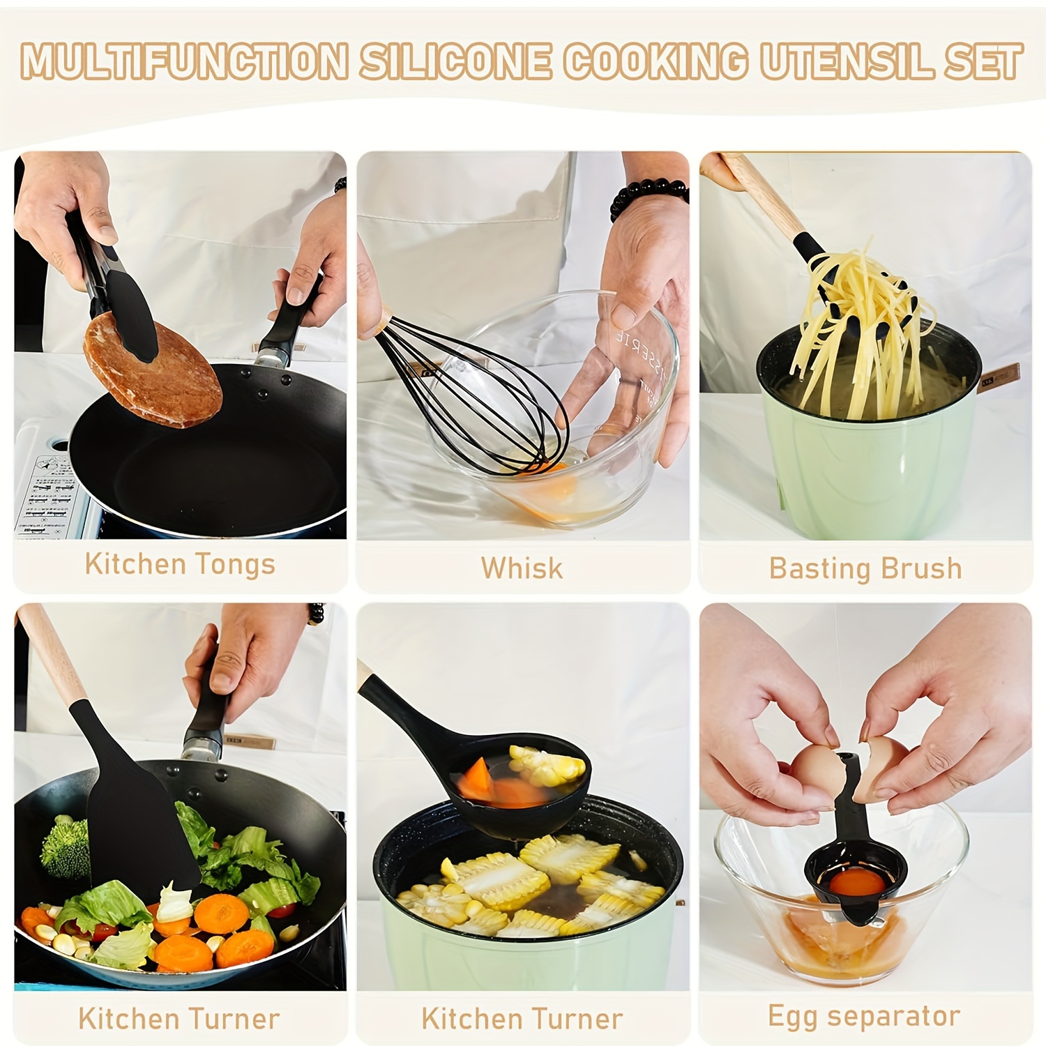 Food-Grade Silicone Cooking Tool Set With Wooden Handles And Stands, BPA-Free Non-Stick Cookware Gadgets For Baking, Stirring And Serving