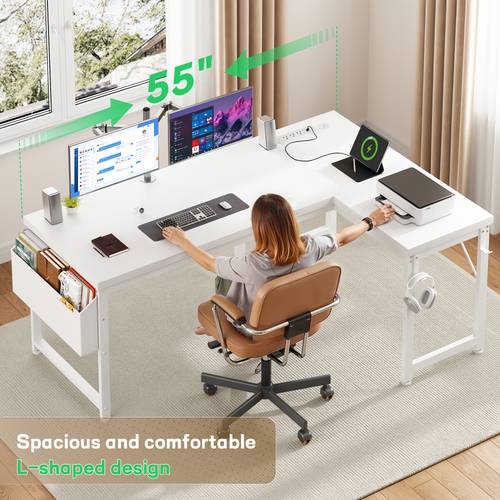 55 63 inch l shaped gaming table with power socket 0 95 inch thick tabletop and lighting computer desk with storage bag with hooks table suitable for home office living room bedroom black white