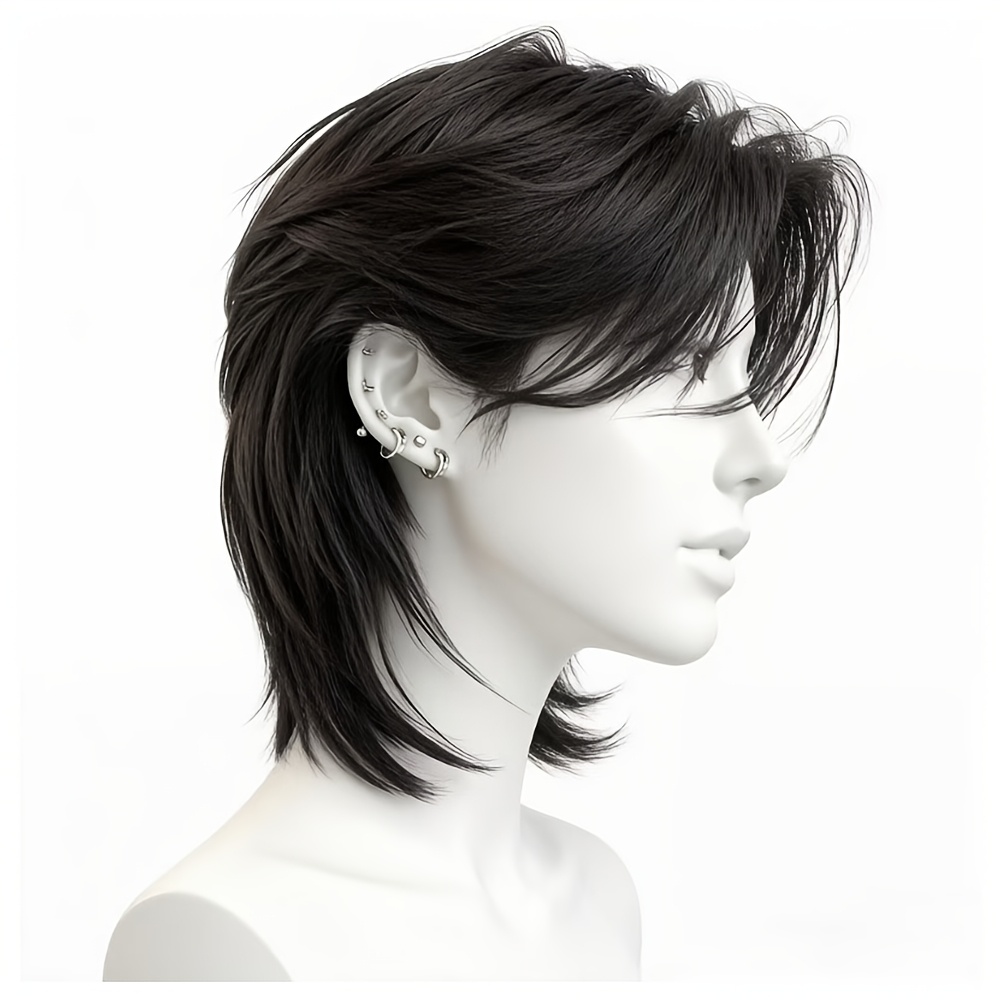 TEMU Perruque Queue de pour Homme, Cosplay d'Halloween, Cheveux Légers Superposés de Longueur Moyenne, Style de Rue de Carnaval, Filet Intérieur