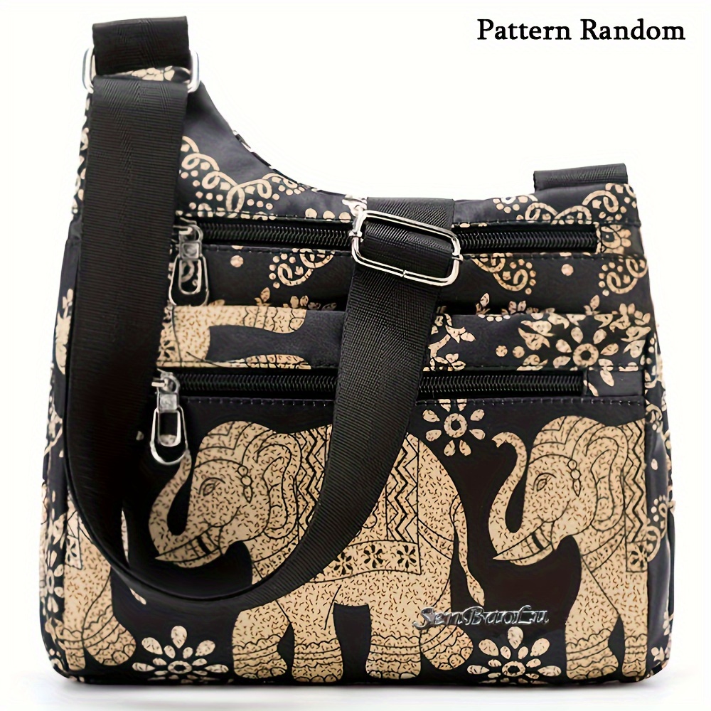 

Ethnic Style Crossbody Bag, Elephant Pattern Shoulder Bag, Retro Multi Zipper Pockets Purse
