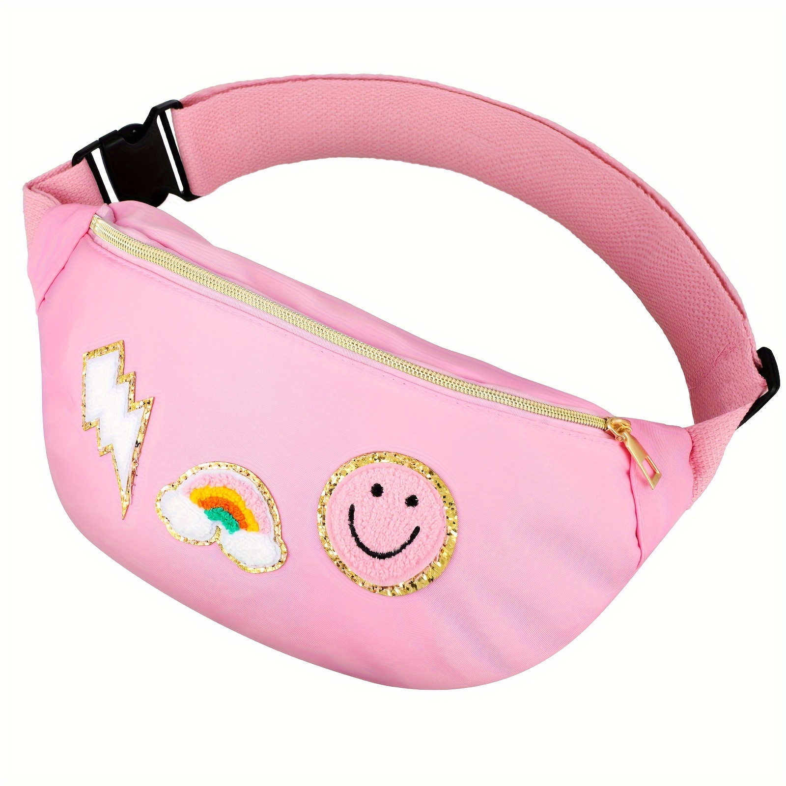 

Preppy Patch Nylon Fanny Pack Lightning Waist Pack Bag Adjustable Fanny Packs For Women Water Resistant Rainbow Fanny Bag For Girls (pink)