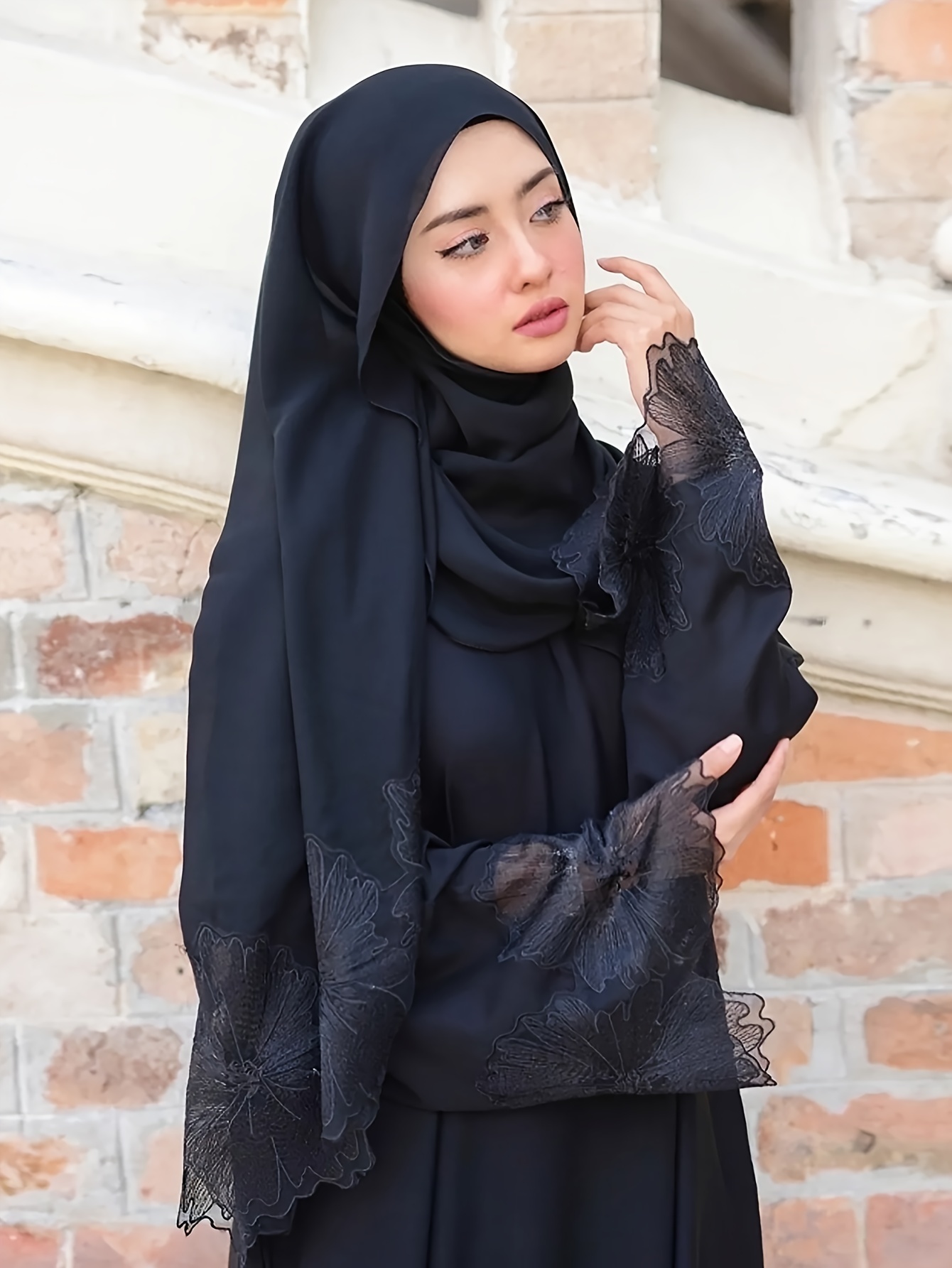 ramadan solid two piece prayer modest dress floral lace modest full length dress with hijab womens clothing