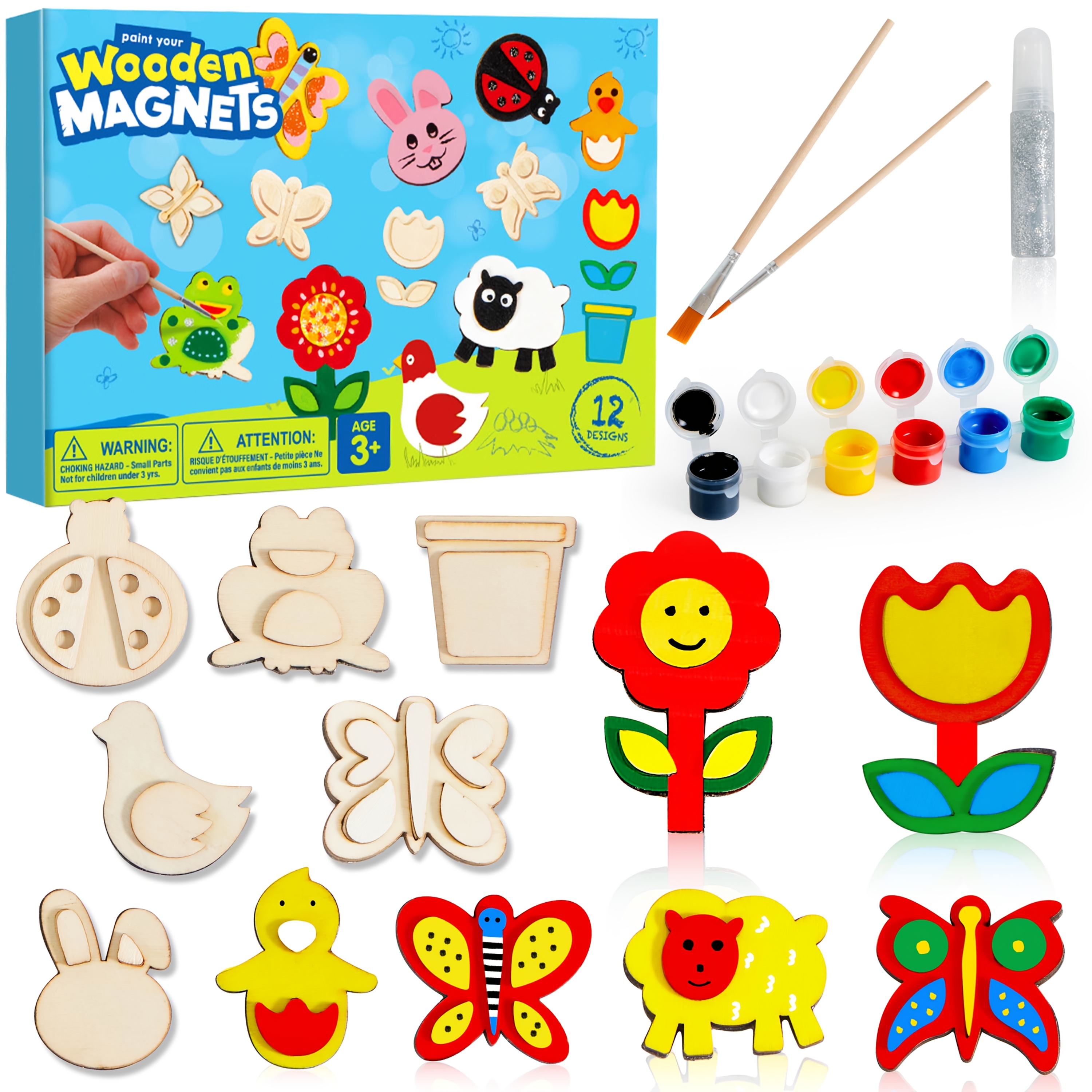 TEMU 12 Wooden Magnet Arts & Crafts Painting Kit For Kids, Decorate Your Own Painting Gift For Easter Basket Stuffers, Birthday Parties Crafts, Party
