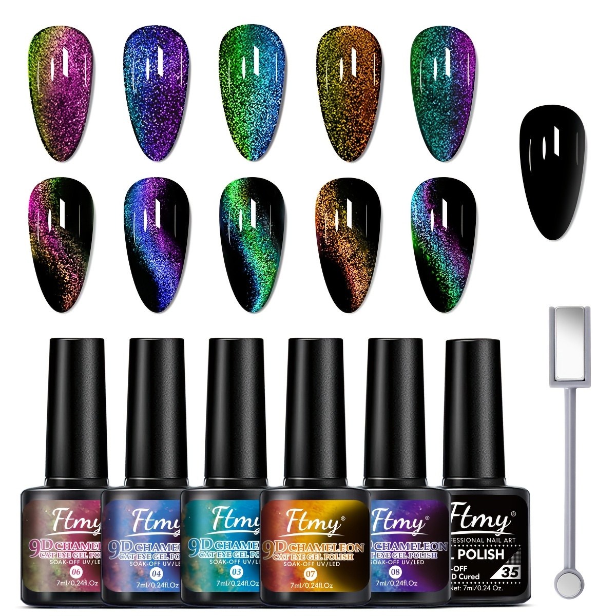 6/ Starry Sky Effect Magnetic Gel Polish Set With Soak Off Led Cat Eye Gel Polish Manicure Nail Art Kit - Magnetic Stick Included
