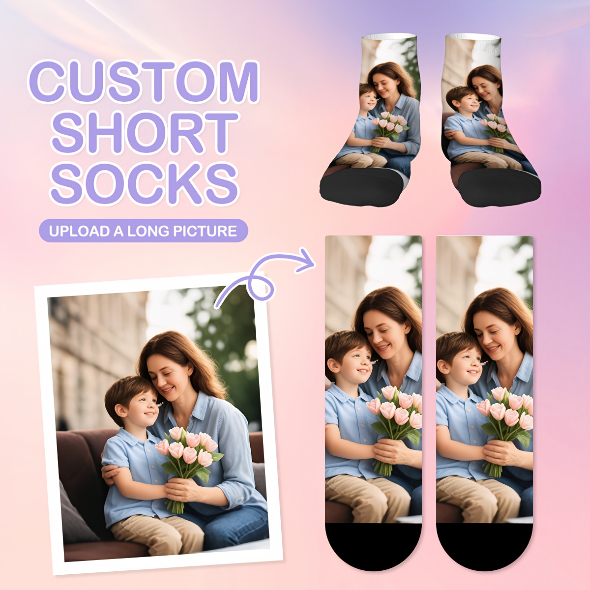 TEMU 1 Pair Of Women's Custom Photo Socks - 360 Degree Printing, Personalized Family , Fun & Unique Gift For Day/father's Day, Premium Summer Socks
