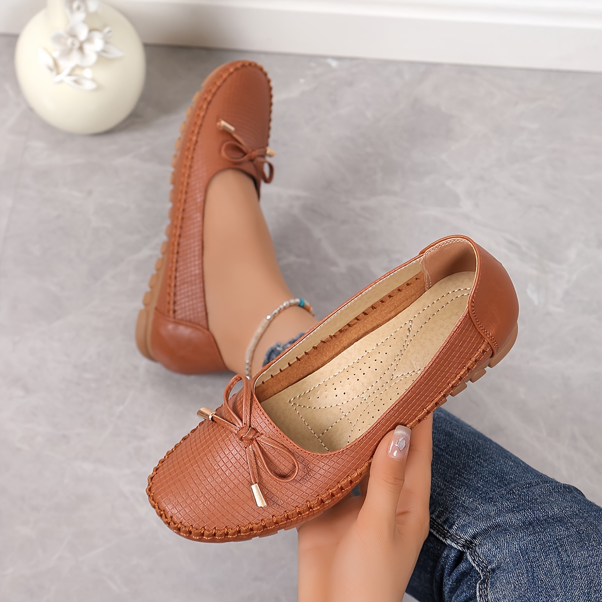 Solid Color Bow Flat Women's Shoes, Comfortable Slip-On Loafers