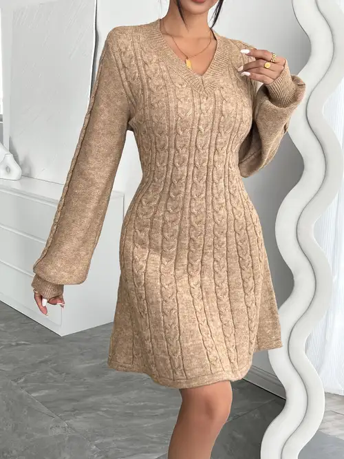 lantern sleeve v-neck sweater dress, elegant cable knit solid dress for fall & winter, women's clothing - women's clothing - Temu lantern sleeve v-neck sweater dress, elegant cable knit solid dress for fall & winter, women's clothing - women's clothing - Temu