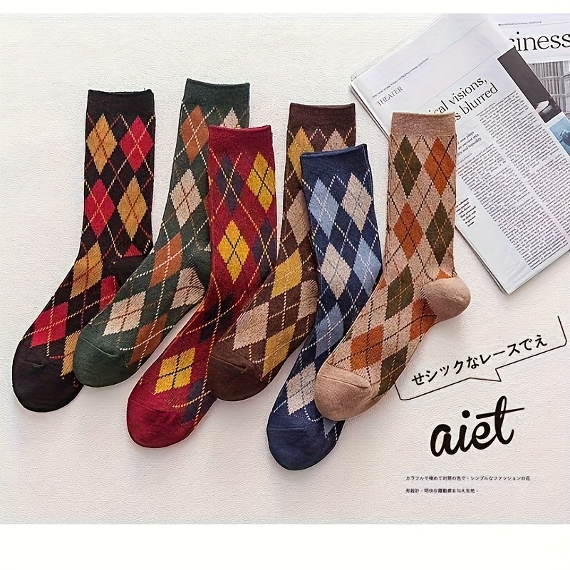TEMU 5 Pairs Women's Long Socks - Retro Diamond Grid Japanese Fashion Socks, 5 Colors, Durable Polyester, Versatile For Casual & Formal Outfits,