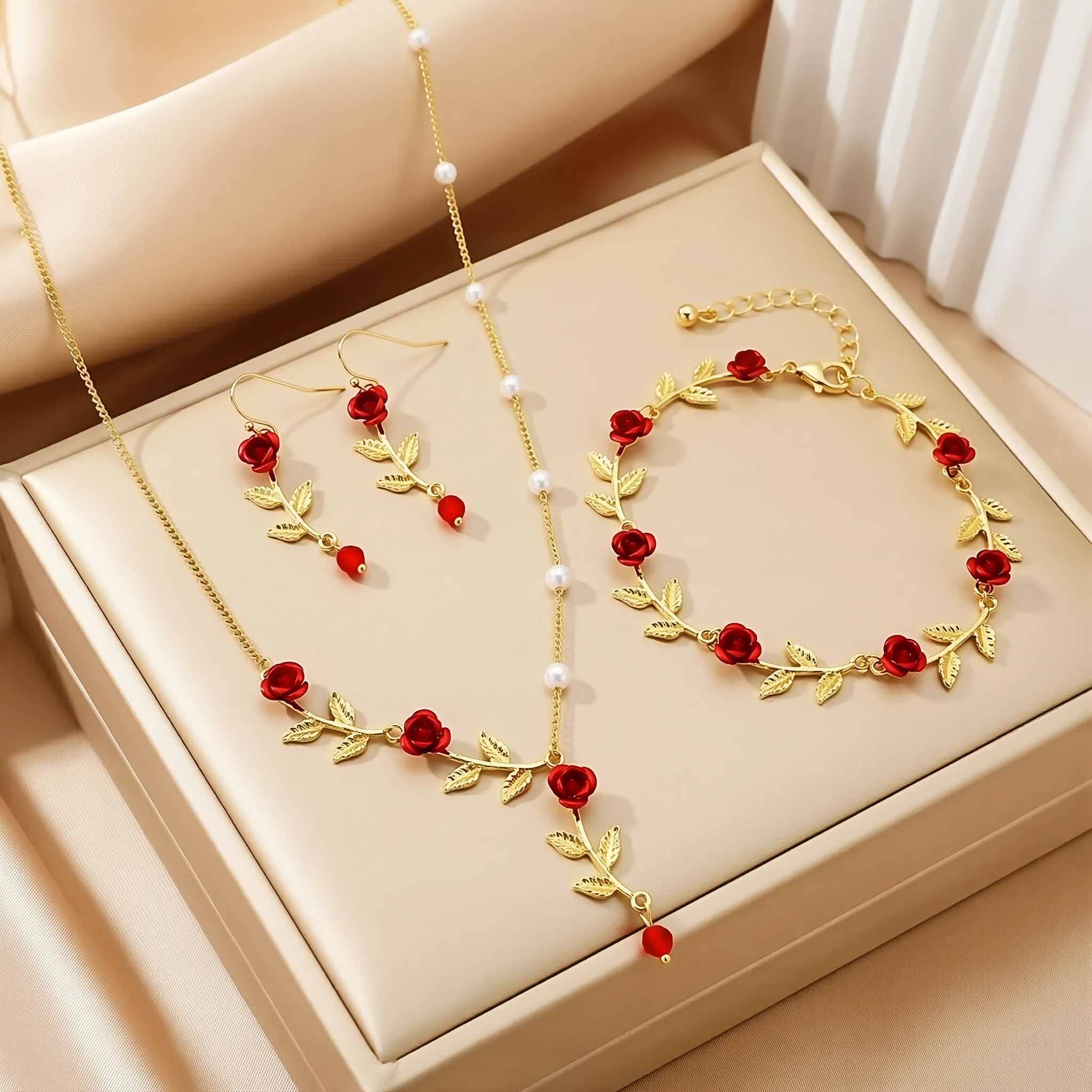 Red Rose Lace Fan and Jewelry Set - Women Accessories DRESHOW Rose Flower Hair Clip Embroidered Folding Fan  main image 2