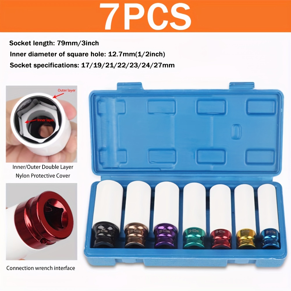 TEMU 7pcs Metric Impact Socket Tool Set, Thin Wall Deep Impact Socket Set, 1/2" Socket, Deep Non-marring Impact Socket Set For Tire Protection, Durable Plastic Sleeve Socket.