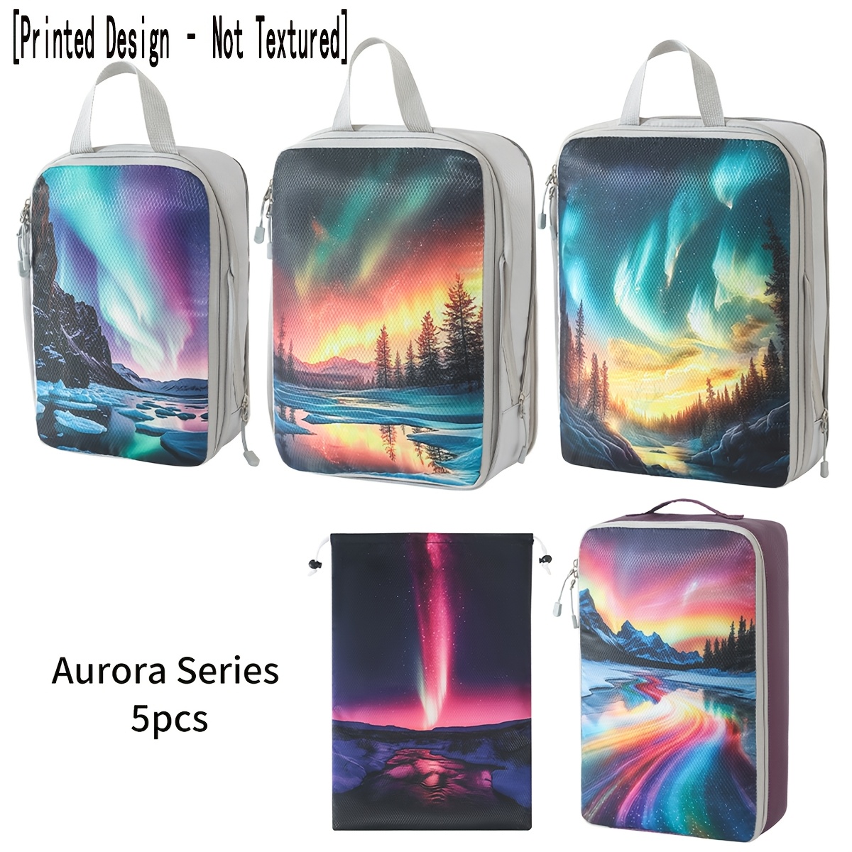 Image of [printed Design – Not Textured] 5pcs Set Of Printed Compression Packing Organizers For Travel Luggage, Clothes, And Toiletries