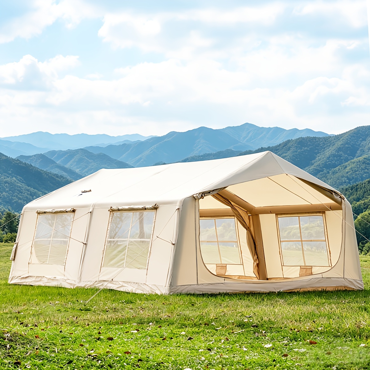 Image of 10-person Inflatable Camping Tent With Hand Pump - Instant Setup Air Tent Suitable For Glamping, -season Outdoor Cabin House With Mesh Windows & Door, Oxford Tents For Gatherings, Parties, And Use