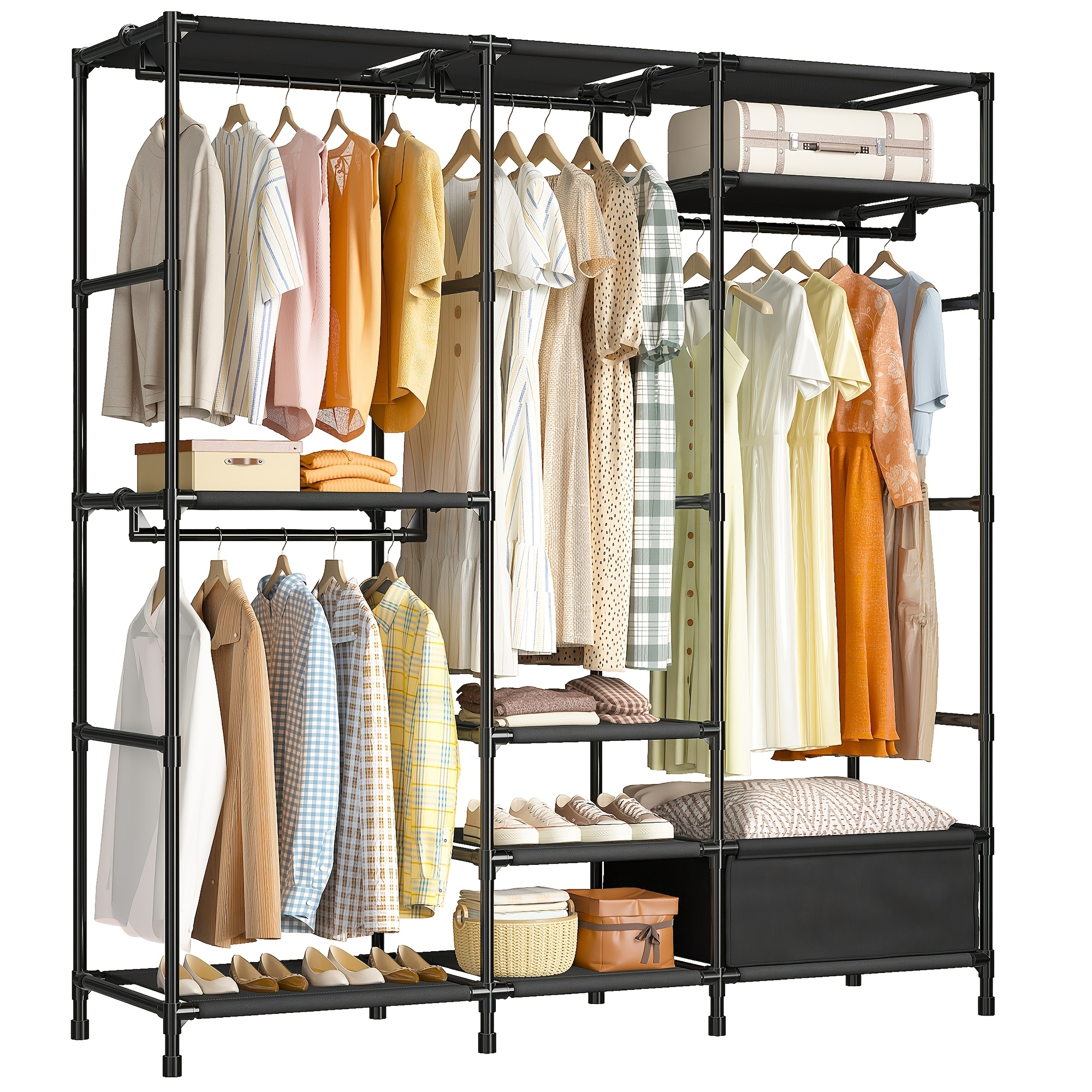 

1pc Reibii Contemporary Freestanding Clothes Rack With Storage Bag & Shelves, Heavy Duty Plastic Closet Organizer For Bedroom, - 61"w X 15.7"d X 72"h, No Required