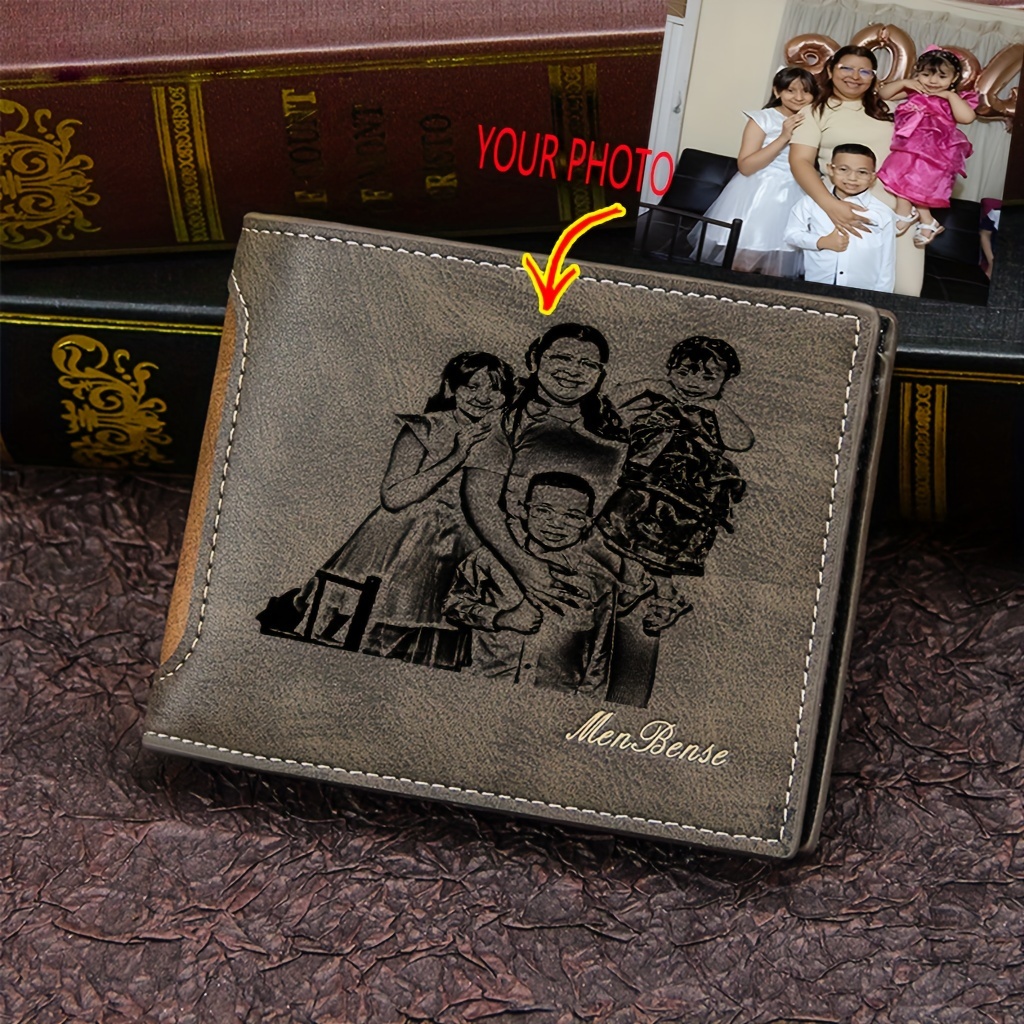 

Personalized Men's Engraved Photo Wallet - Custom Leather Gift For Husband, Boyfriend, Dad On Birthday, Anniversary, Father's Day & More - Light Brown