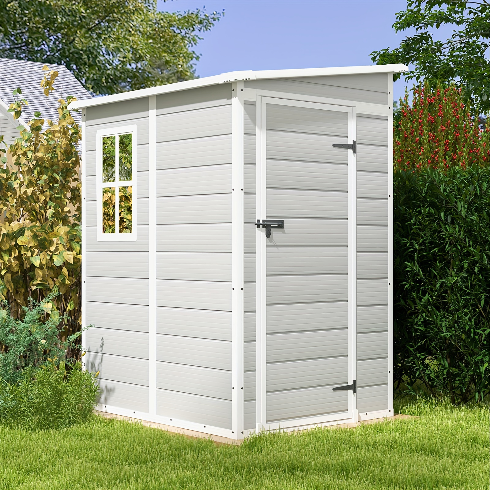 

5x4 Ft Plastic Outdoor Storage Shed With Floor, Resin Storage Shed & Lockable & Window Door For Patio Furniture, Garden Tools And Bicycle, White & Grey