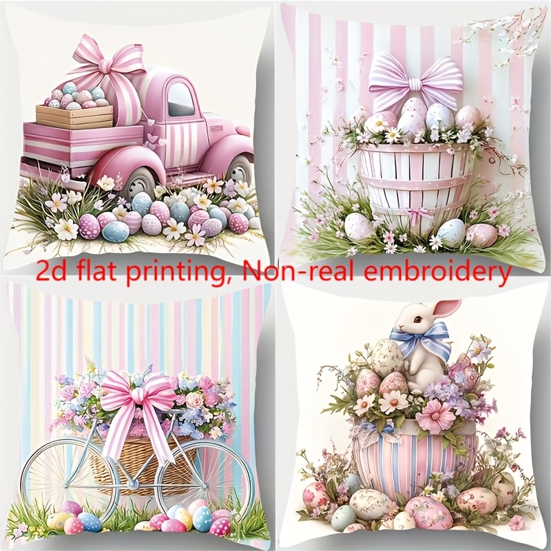 TEMU 4pcs, 2d Flat Printing, Theme Zipper Pillowcase, Printed With Bicycle, Car, Flower, Bow Pattern, Beautiful And Practical, 17.72 Inches * 17.72