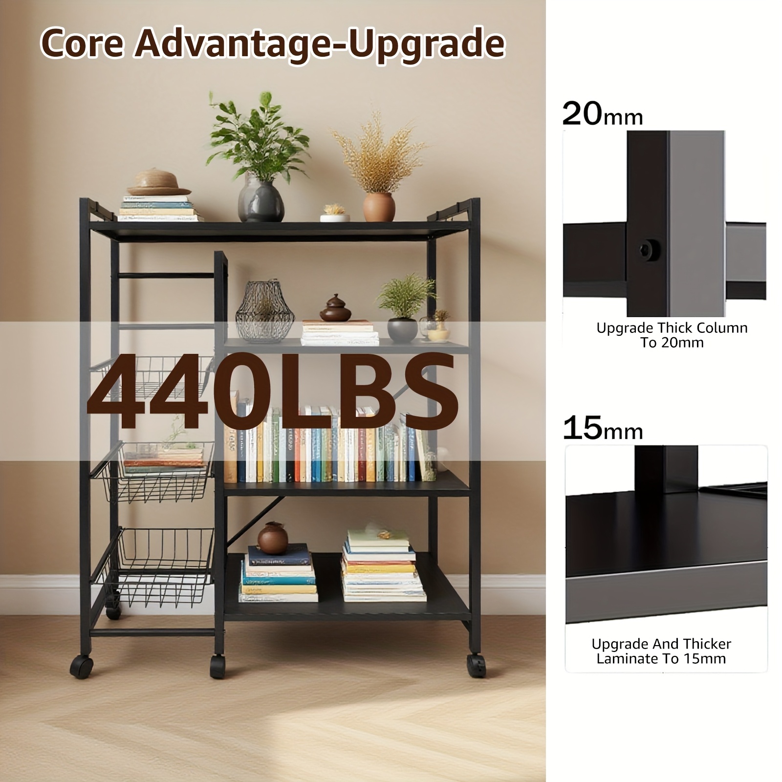 Multi-Purpose Rolling Kitchen Cart with 3-Tier Storage Baskets