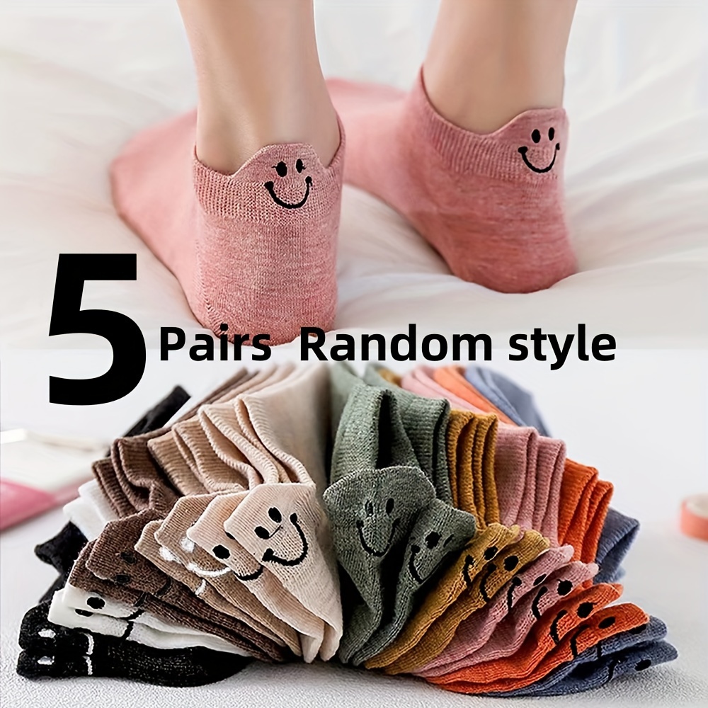 

5pcs Women's Cute Cartoon Eye & Face Embroidered No-show Socks - Breathable Polyester , Summer