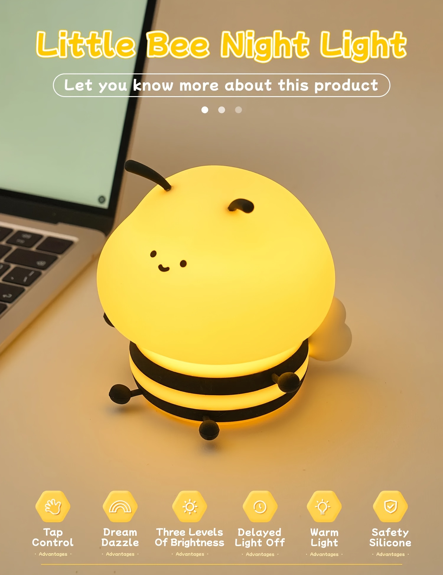 1  honeybee night light rechargeable eye protection bedside lamp with colorful changing colors cute bedroom decorative ornament Product details 3