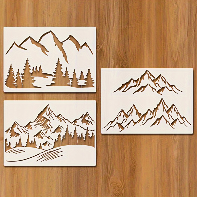 

3-piece Mountain And Drawing Stencil Set, A4 Size Reusable Templates For Diy Crafts, Wood, Wall, And Home Decor