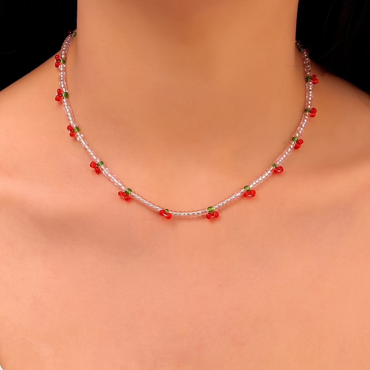 

1pc Beaded Cherry Necklace With Transparent Beads, Cute Clavicle Chain, Simple Style, Adjustable Clasp For Women