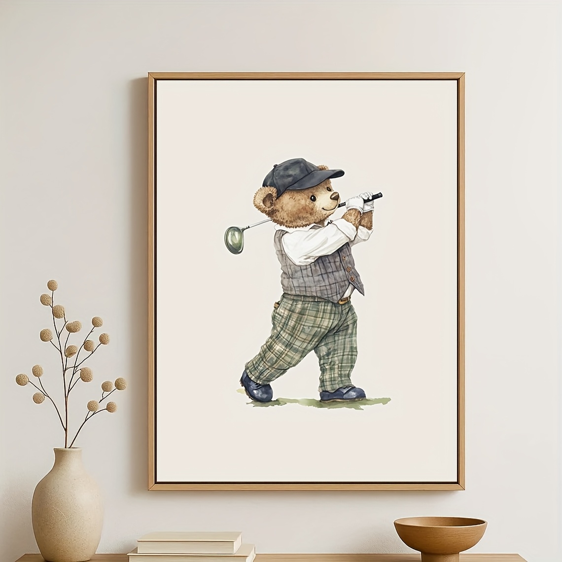 TEMU 2d Flat, 2d Flat, 1pc, Frameless - Vintage Teddy Bear Kindergarten Golf Print, Sports-themed Nursery Decor, Sage Green, Boys' Sports Room,
