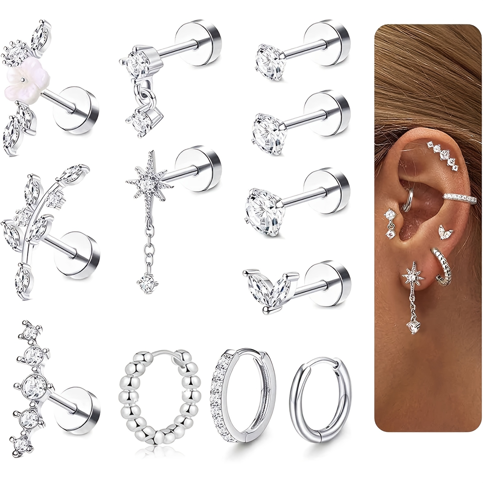 TEMU Set de Aretes de Acero Inoxidable para Mujer, Multi-Pieza, Aretes de Barra Redonda tipo Pastel