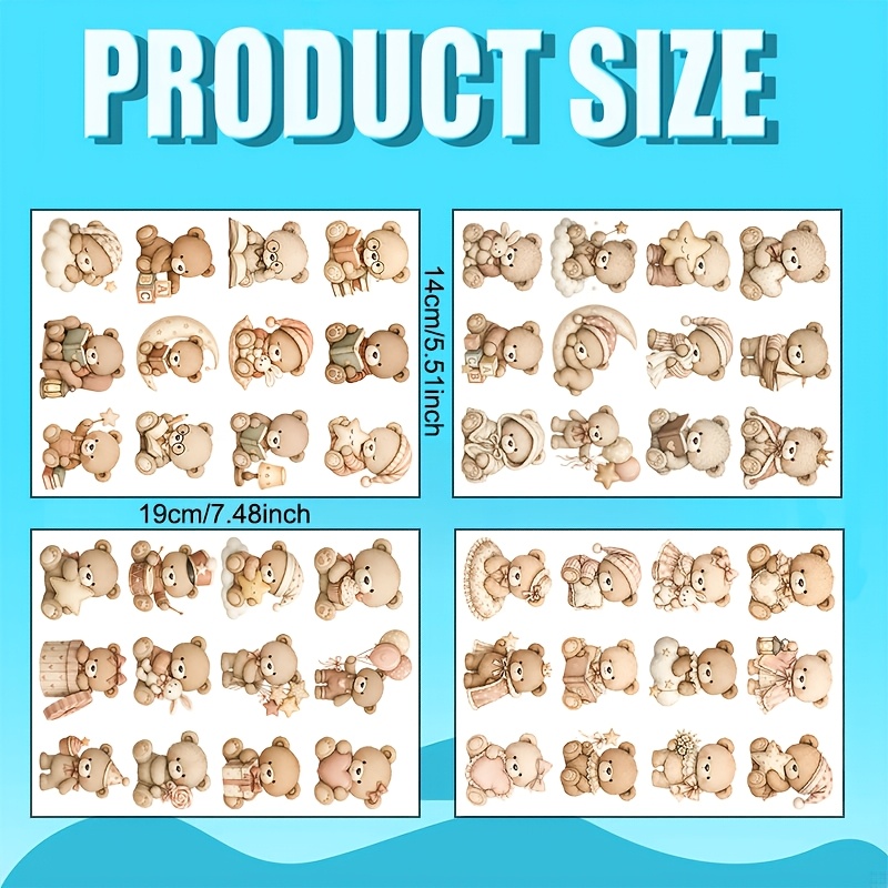 TEMU 4pcs Vintage Teddy Bear Illustration Uv Transfer, Featuring Adorable With Books And Scenes In Watercolor Patterns. Suitable For Smooth Surfaces,