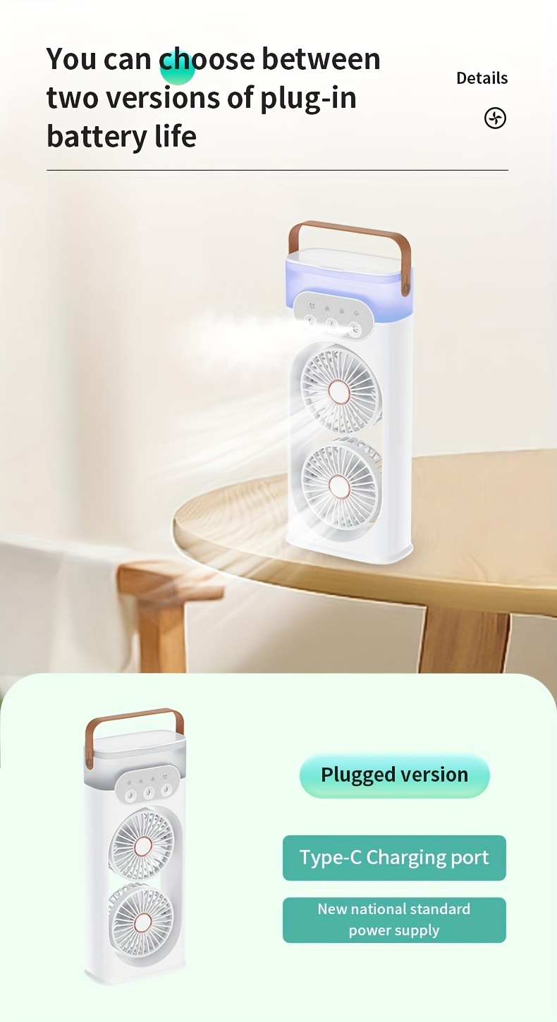 portable usb dual fan with humidifying misting feature painted plastic table fan for indoor and outdoor cooling   operation with button control multi component accessory no battery required details 3