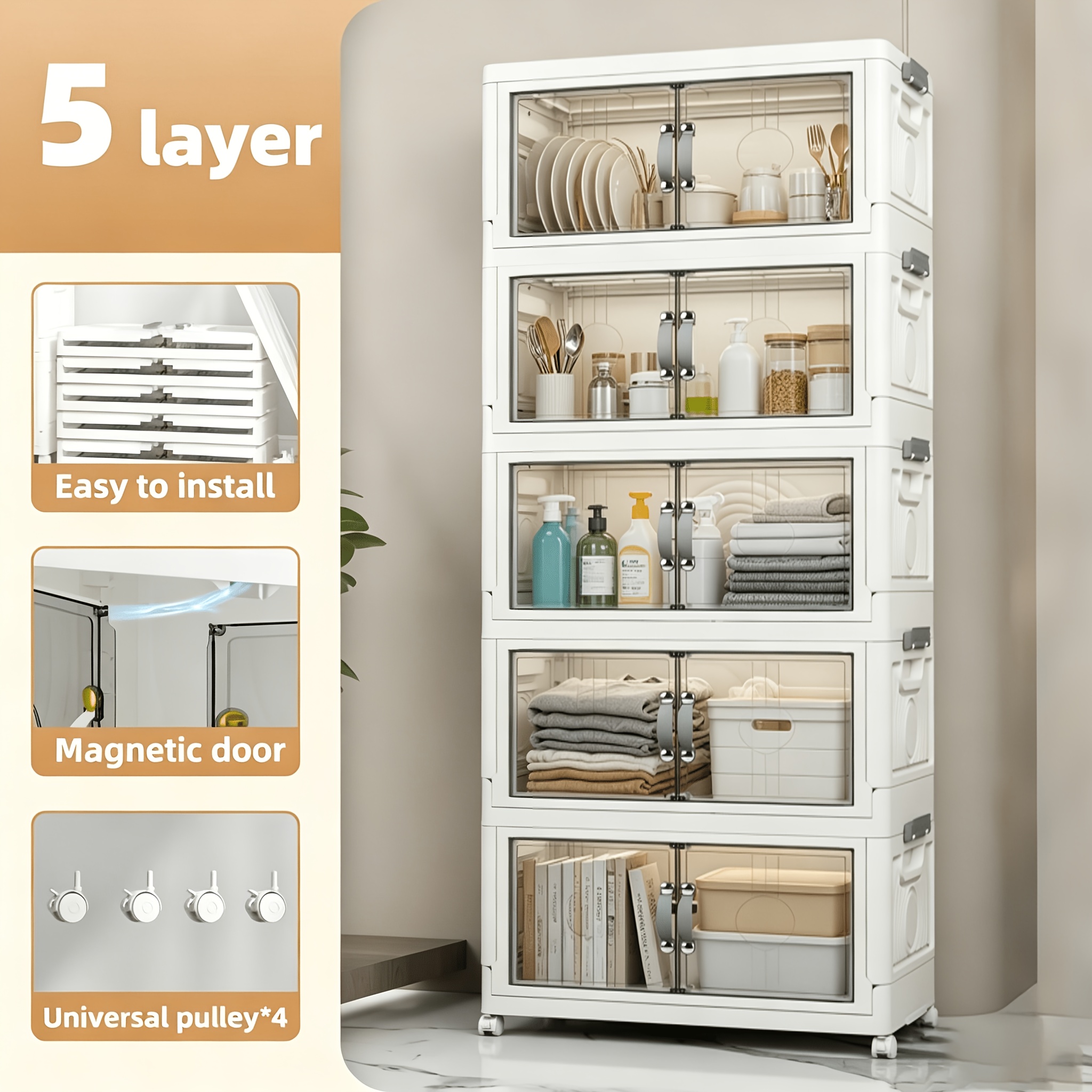 TEMU 2/3/4/5 Niveaux de Rangement en Plastique avec Couvercle, Boîte Pliable à Portes et Roulettes Empilables pour Chaussures Articles Divers Livres