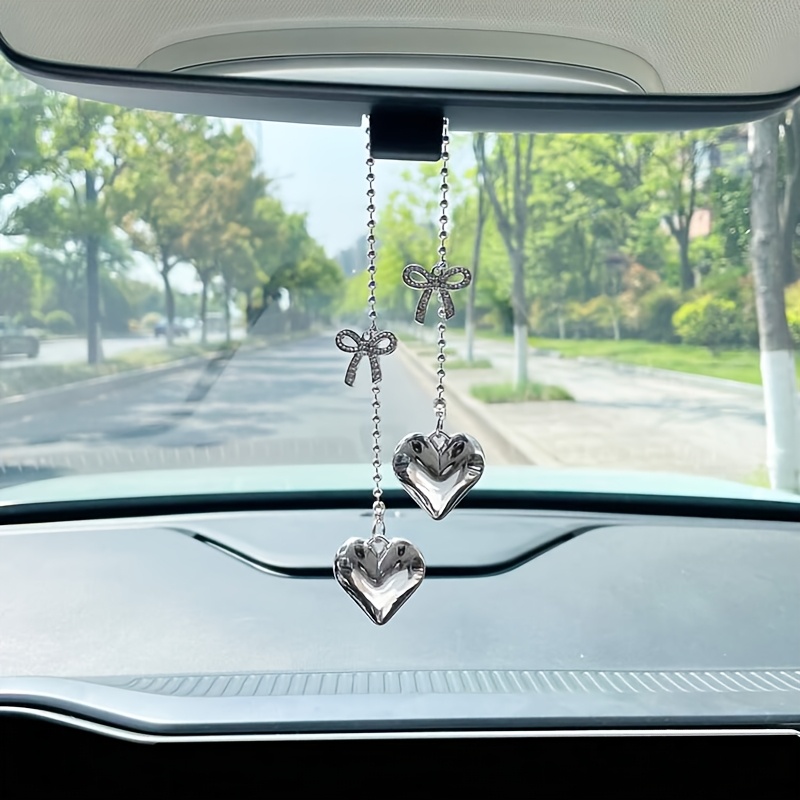 TEMU Creative Silver Heart Car Pendant Bowknot Rearview Mirror Hanging Decor Ornament