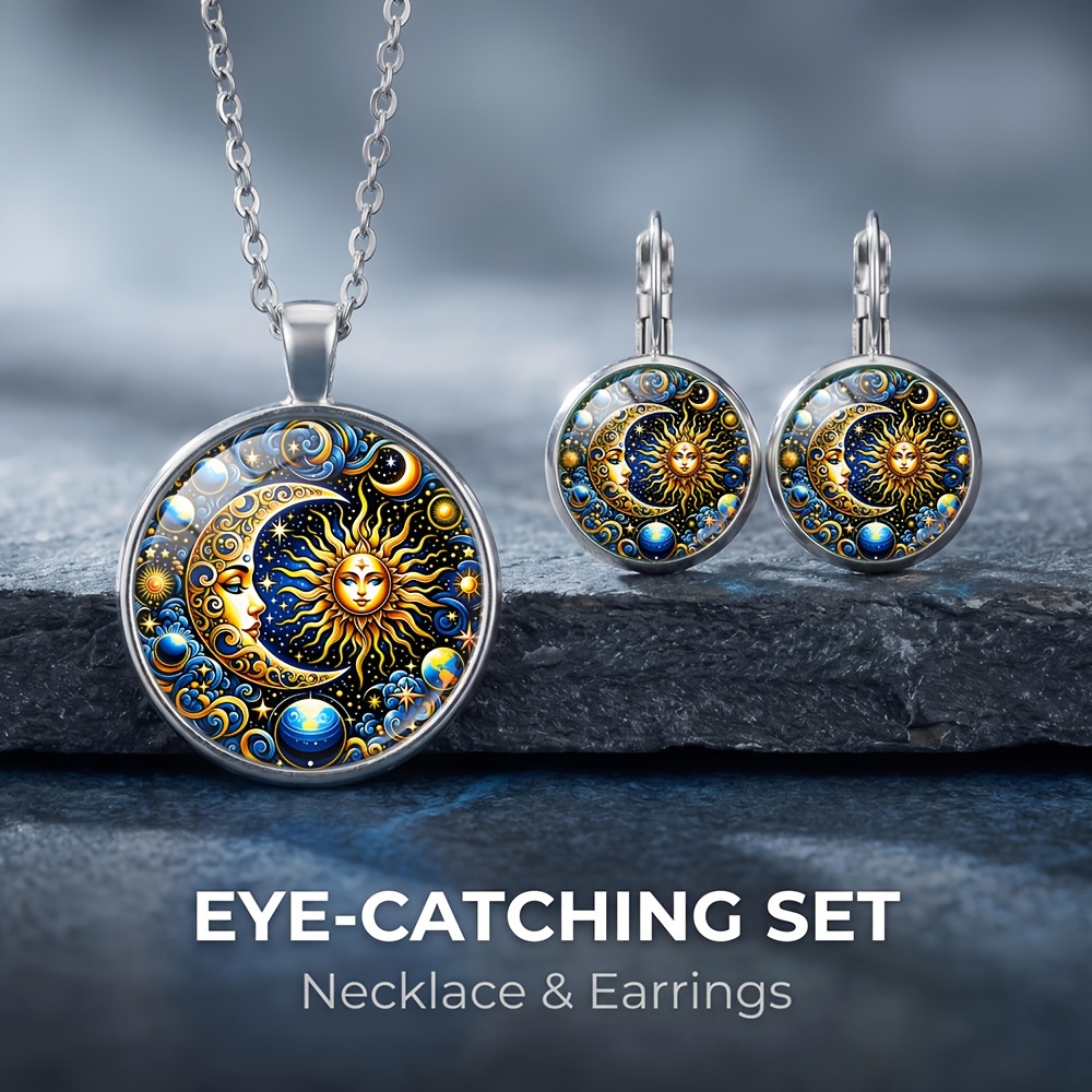 TEMU Parure 3 pièces collier et boucles d'oreilles Soleil Lune Étoiles Brillants, Convient pour un port , un