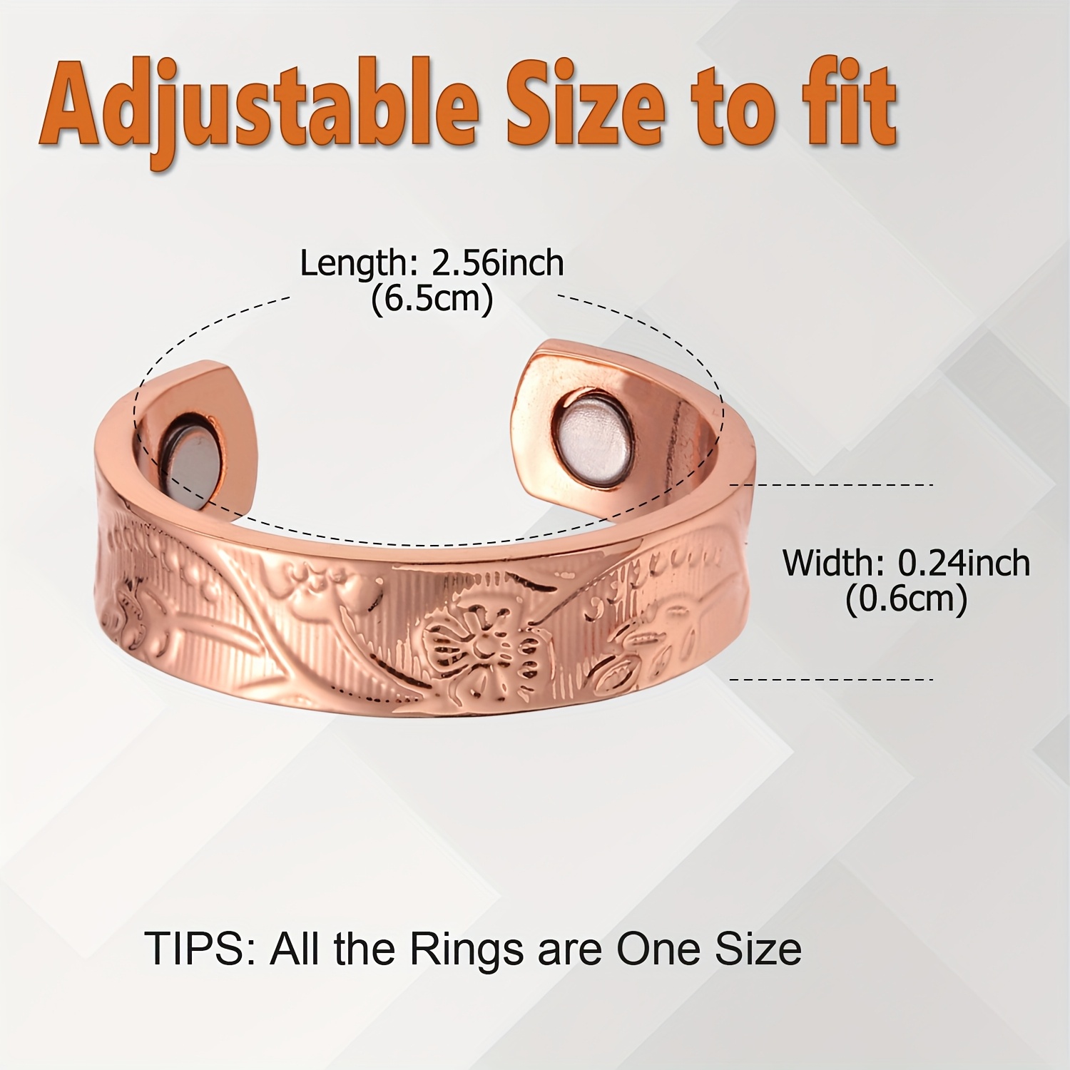 Set of 2 Adjustable Copper Bracelets and Rings for Women
