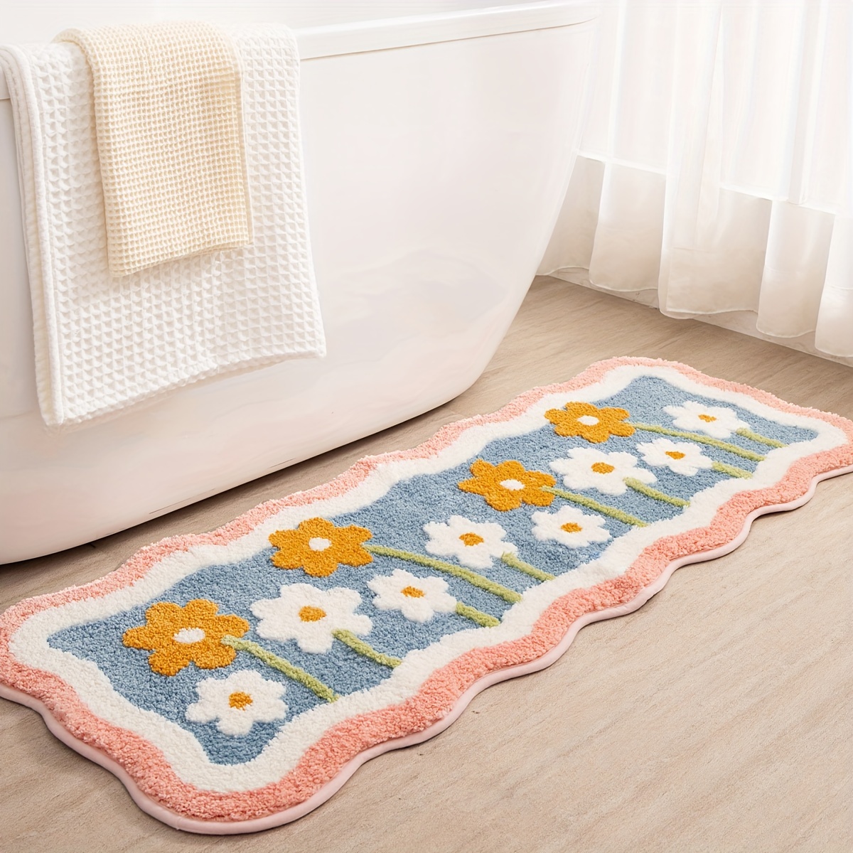 1pc Absorbent Bath Mat Plush Rectangular Bathroom Rug with Non-Slip  TPR Backing Blue in Beige//White, Machine Washable Shower Mat for