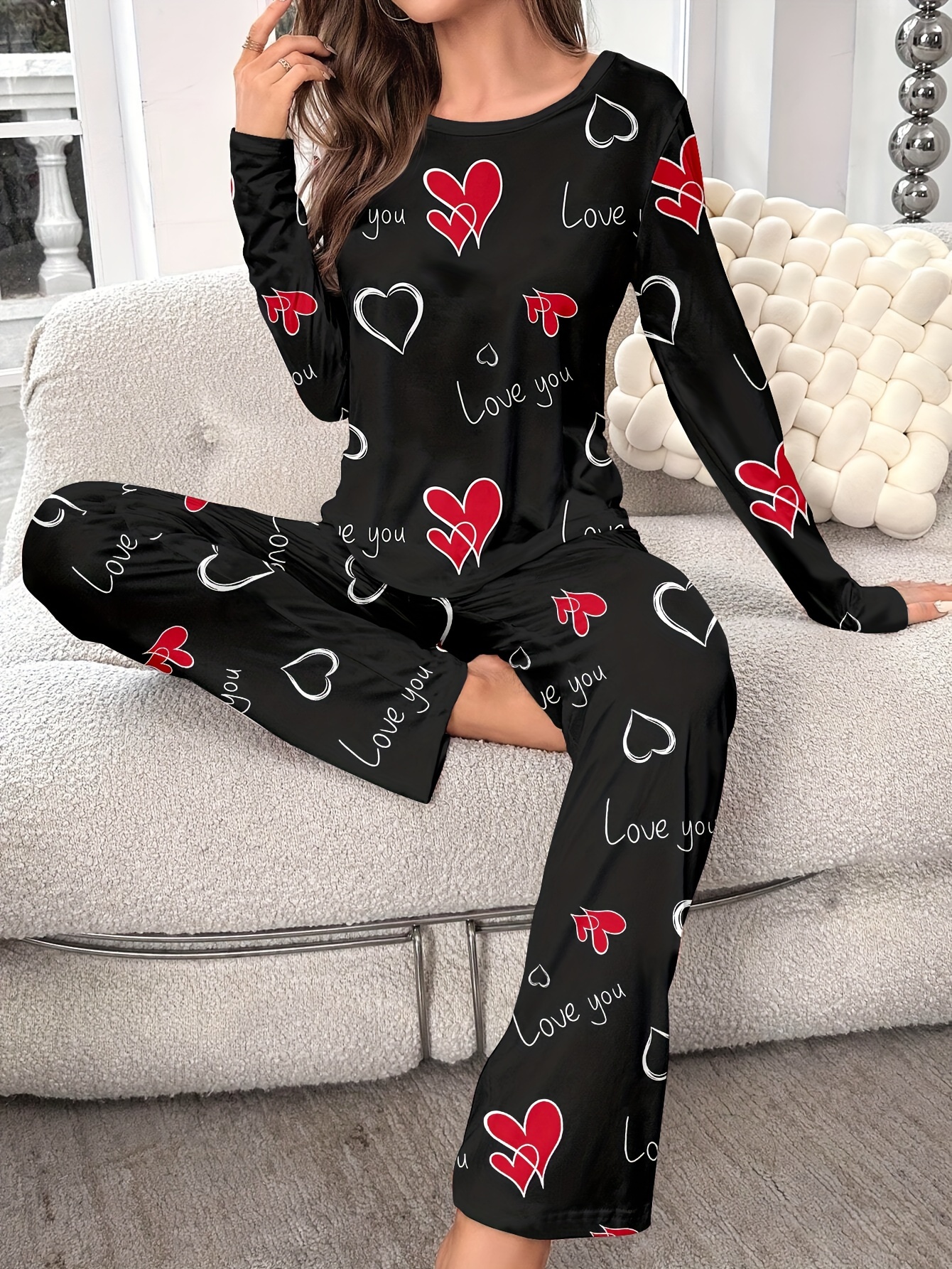 Set Women'S Long Sleeve Pajama Set with Heart Pattern Casual Crew Neck  Polyester Knit Fabric Sleepwear with &*;Love You&*; Print for Spring/Fall 