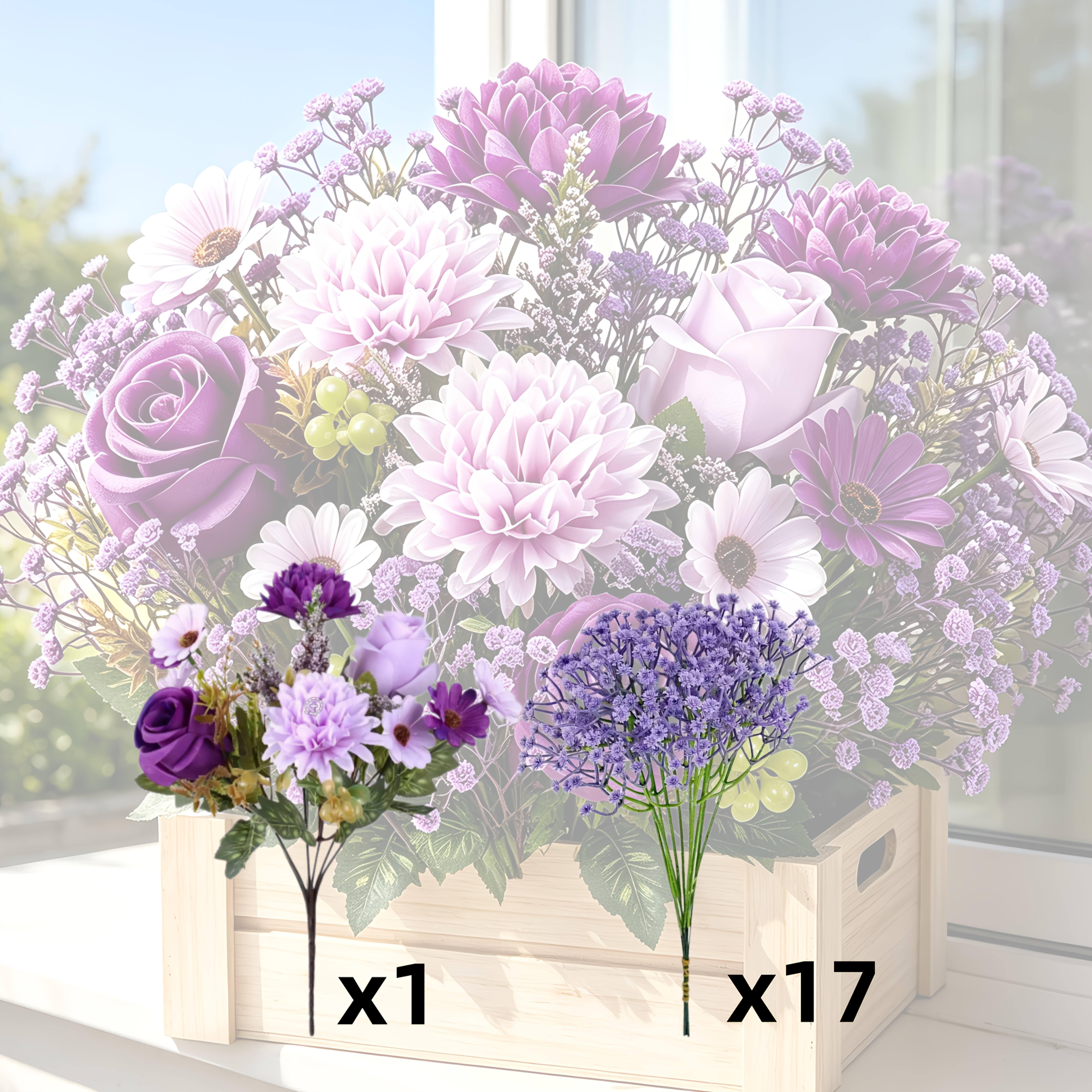 TEMU 18pcs Artificial Bouquet, Elegant High-quality Purple Fake Flowers, Including Roses, Daisies, Peonies, And 's Breath, Uv-resistant, Realistic