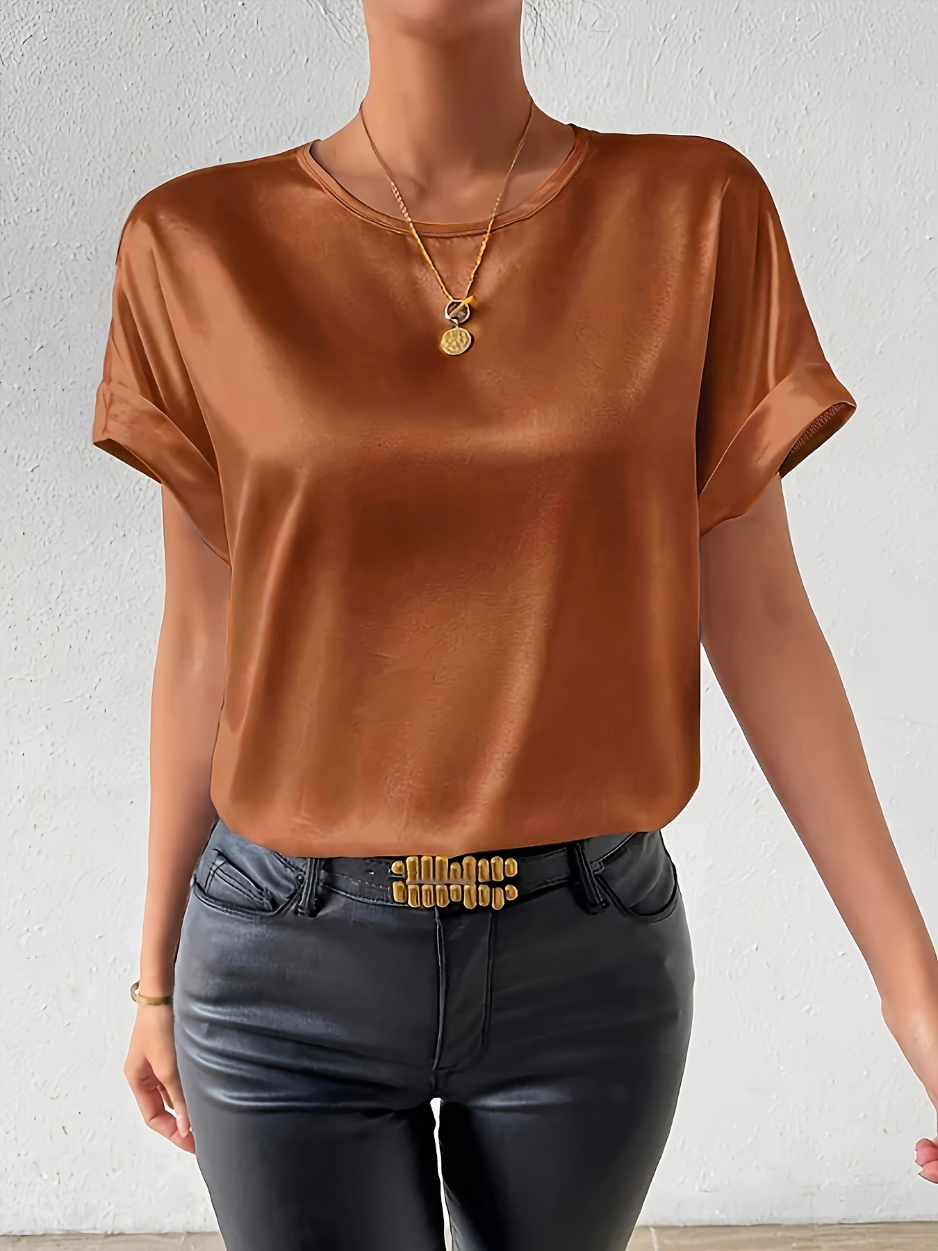 Women'S Plus Size Light Blue Woven Blouse - Elegant Short Sleeve Crew Neck, Solid Color, Non-Stretch Fabric, Perfect for Summer, Casual Summer Wear|Sleek Fitted Look|Nonstretch Material, Plus Size Blouses