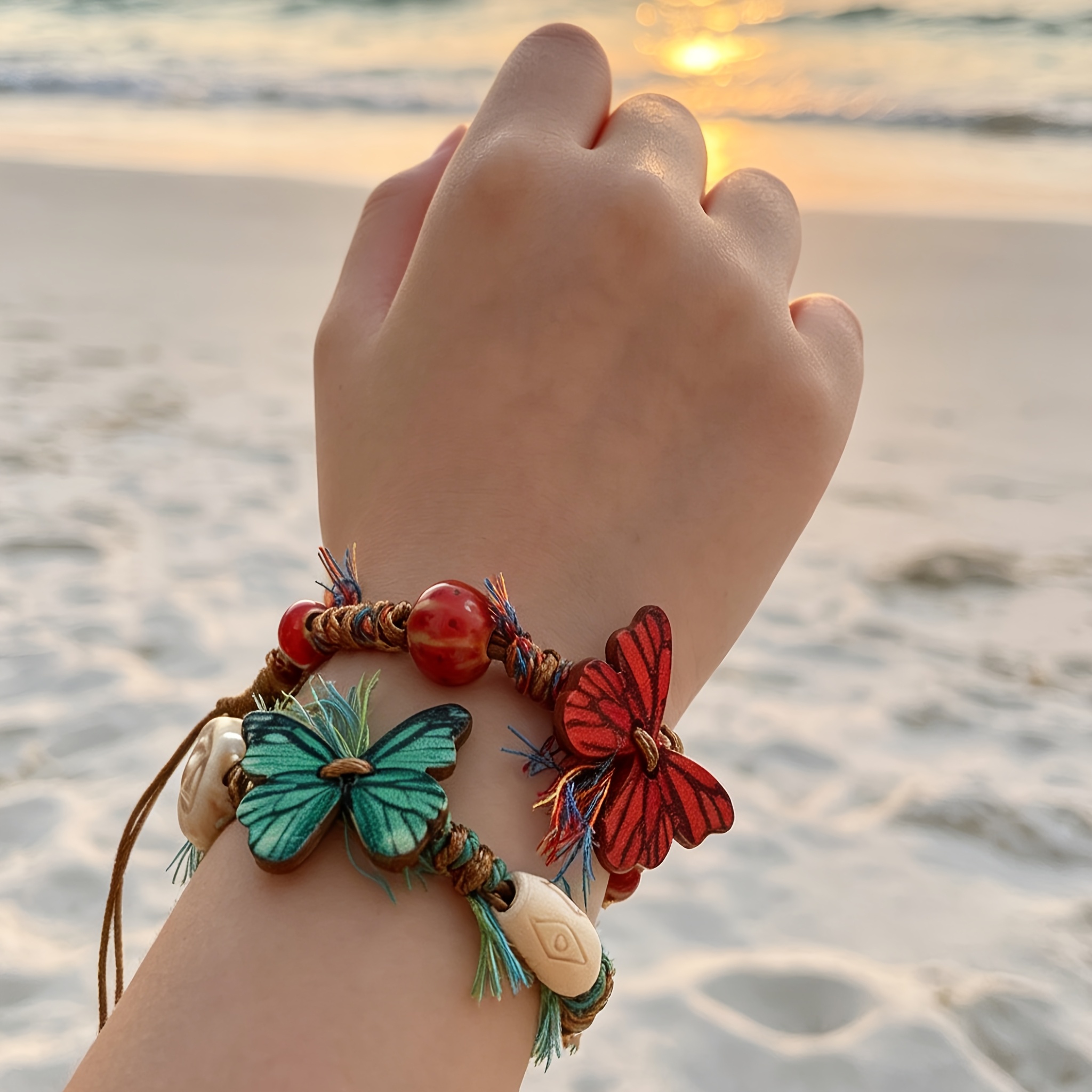 TEMU 2pcs Hand- Bracelet Set. Bohemian-style Bracelets Come With An Adjustable Knot Closure, Featuring Charm And Charm. Casual Beaded Bracelets Are