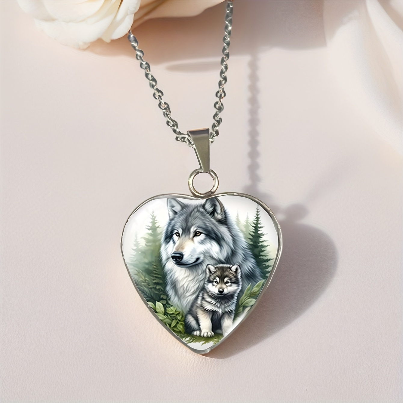 TEMU Wolf Dad And Cub In -shaped Time Gem Stainless Steel Pendant Necklace, Fashionable Accessory For Birthday Party Gift